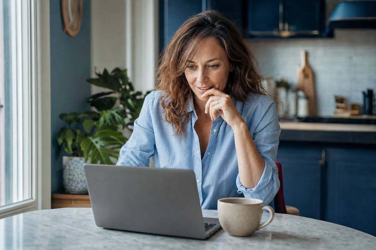 Une femme découvre l'intelligence artificielle sur son ordinateur, chez elle