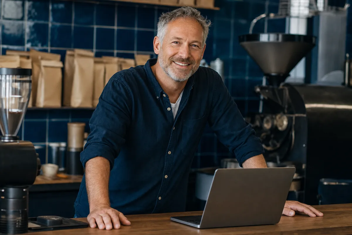 Un commerçant souriant derrière le comptoir de sa boutique, ordinateur ouvert