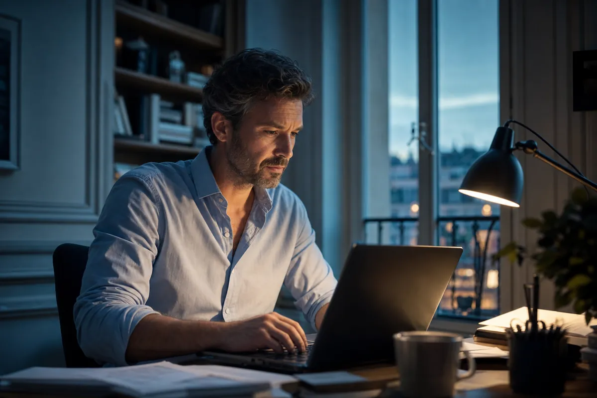 Un salarié travaille sur son ordinateur le soir, après sa journée